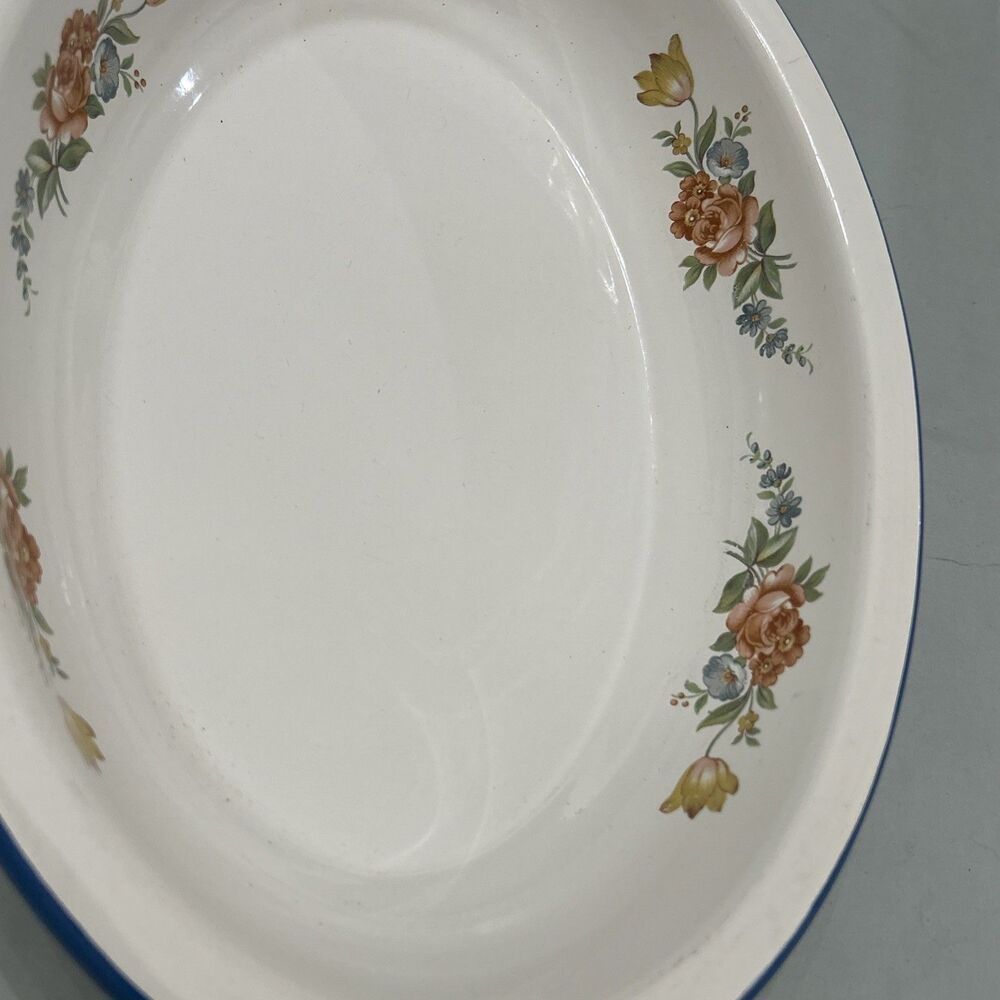 Vtg Enamelware Floral Print Rose Cinsa Brand Saltillo Mexico Oval Blue Trim - Picture 7 of 14